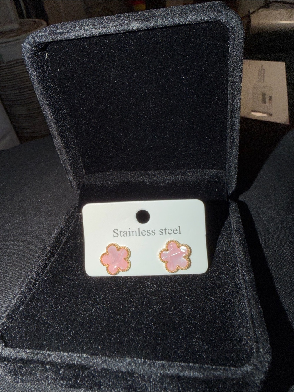 Pink Flower Stainless Steel Stud Earrings with Gold Trim
